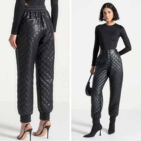 Manière De Voir Vegan Leather Quilted Jogger Pants In Black
